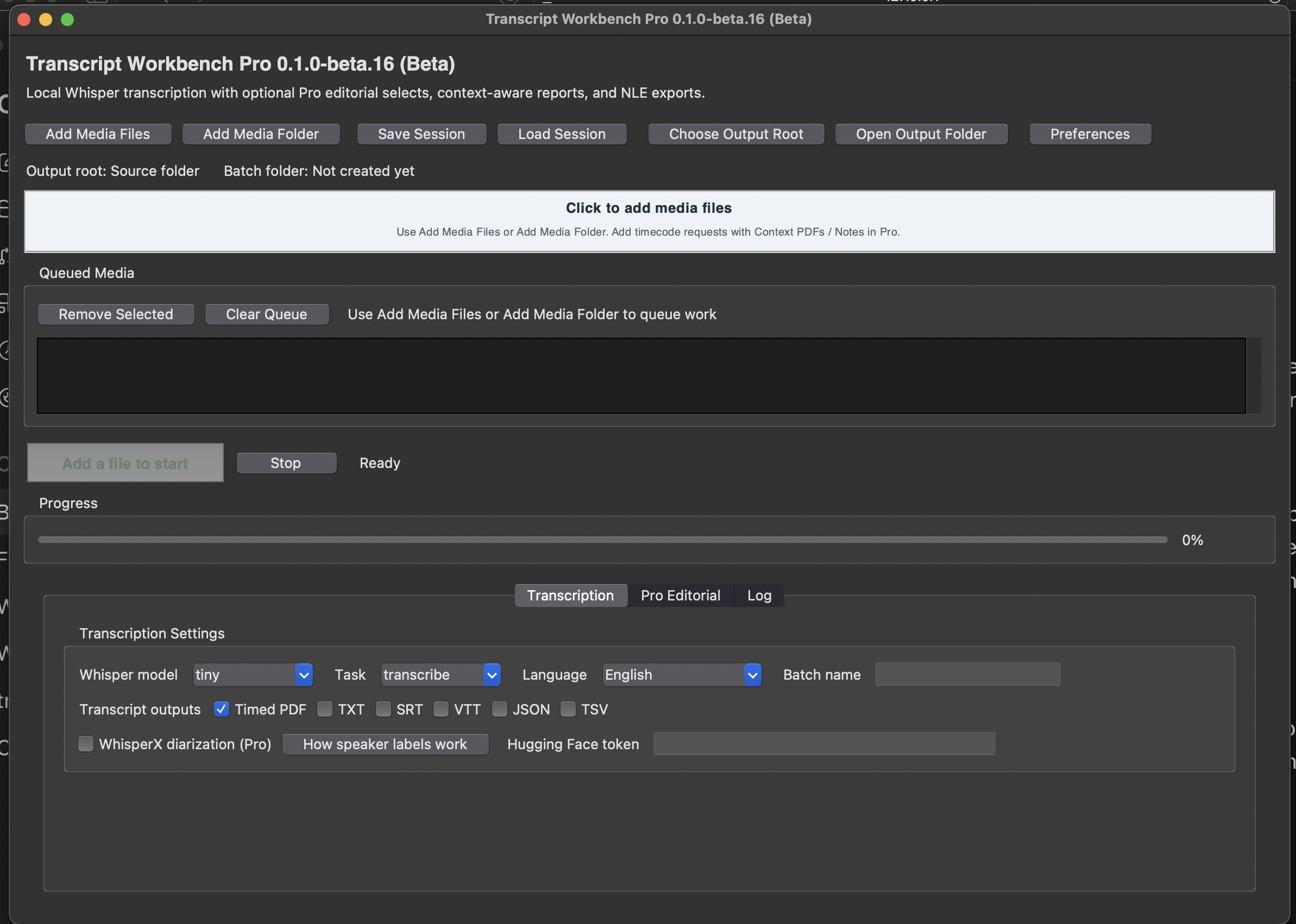 Transcript Workbench Pro beta application window showing local transcription settings, queued media, transcript outputs, and Pro Editorial tabs.